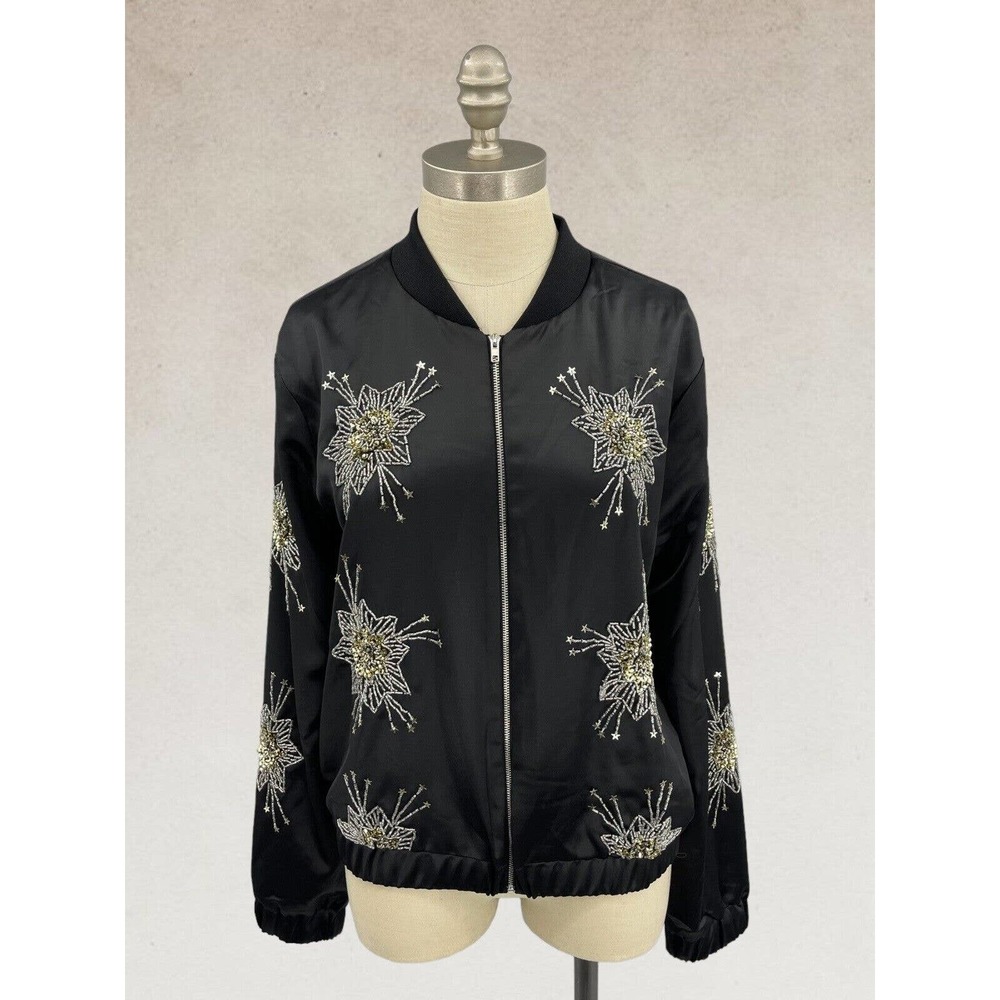 Endless Rose Black Beaded Floral Bomber Jacket